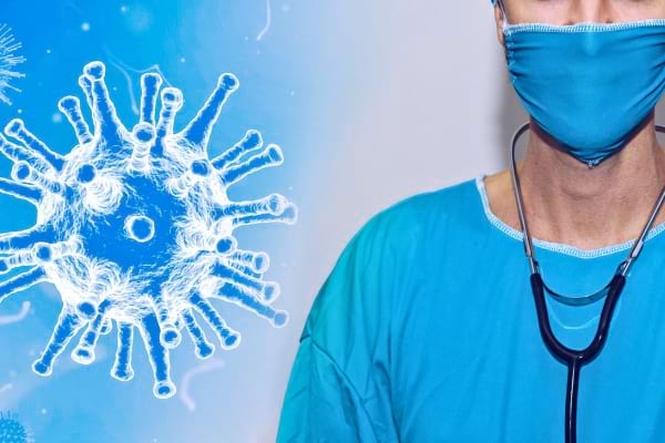 Illustration d’un virus à côté d’un médecin portant un masque et un stéthoscope.