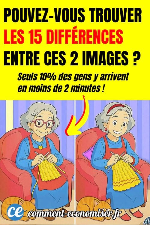 Jeu des différences avec deux images d'une vieille femme assis dans un fauteuil avec un chat à côté