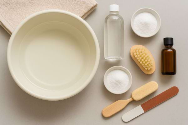 Matériel de soin des pieds disposé sur une table, dont brosse, lime et flacons.