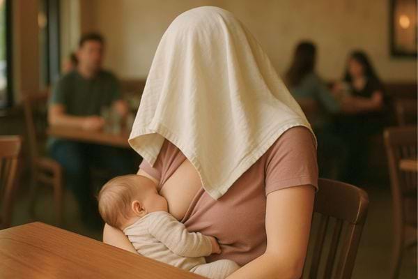 Une mère allaite son bébé en public avec un tissu couvrant sa tête.