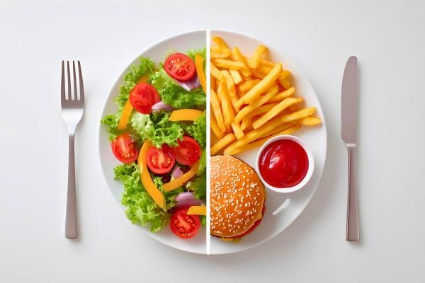 Une assiette partagée entre salade colorée et fast-food avec frites et burger, illustrant un choix alimentaire.