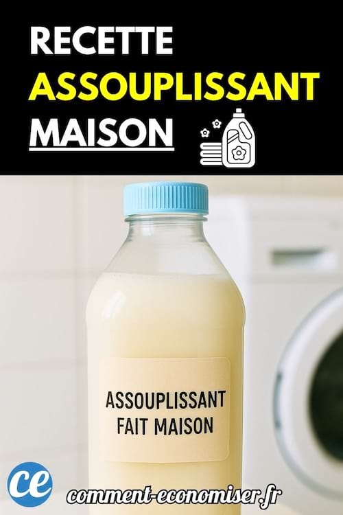 Une bouteille d’assouplissant maison beige posée devant une machine à laver.