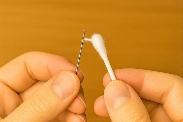 Une main frotte l’aiguille avec un coton-tige pour la nettoyer.