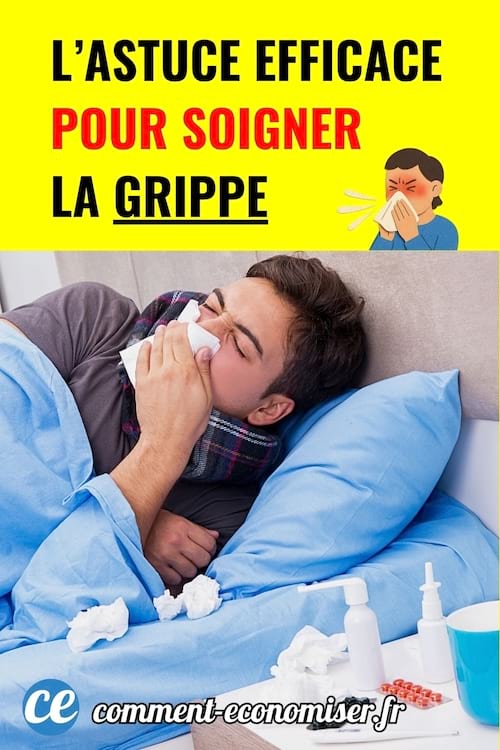 Homme malade au lit avec mouchoirs, flèche jaune, fond jaune et texte noir et rouge.