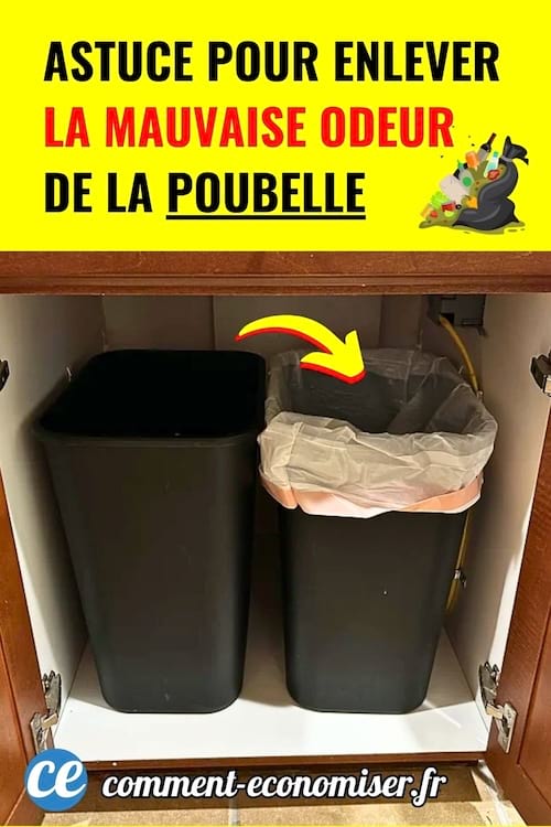 Deux poubelles noires sous un évier, flèche jaune, fond jaune vif et texte noir et rouge.
