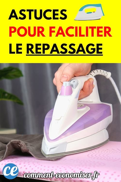 Fer à repasser violet posé sur une planche avec texte sur astuces pour faciliter le repassage.
