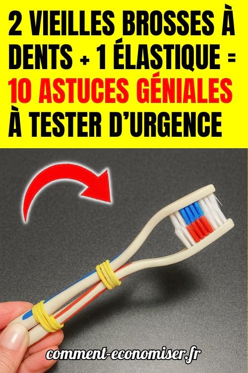 Une main qui tient deux brosses à dents attachées ensemble avec des élastiques