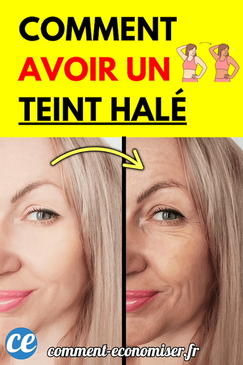Femme montrant visage avant clair puis apr&egrave;s teint plus hal&eacute;.