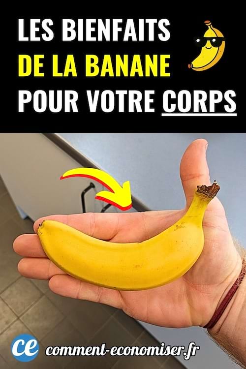 Main tenant une banane jaune avec flèche jaune et texte sur les bienfaits de la banane pour le corps.