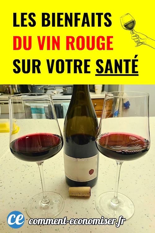 Deux verres de vin rouge et bouteille, fond jaune vif, texte noir et rouge.