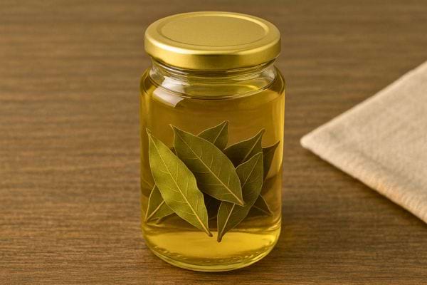 Bocal en verre contenant de l’huile et plusieurs feuilles de laurier entières.