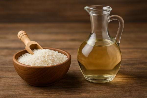 Un bol de riz blanc et une carafe d’huile claire sont placés sur une table en bois.