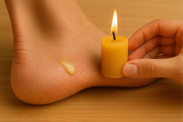 Une personne applique de la cire chaude d’une bougie sur un talon sec pour nourrir la peau.
