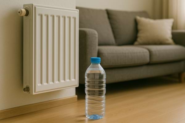 Une bouteille d'eau dans le salon près du chauffage