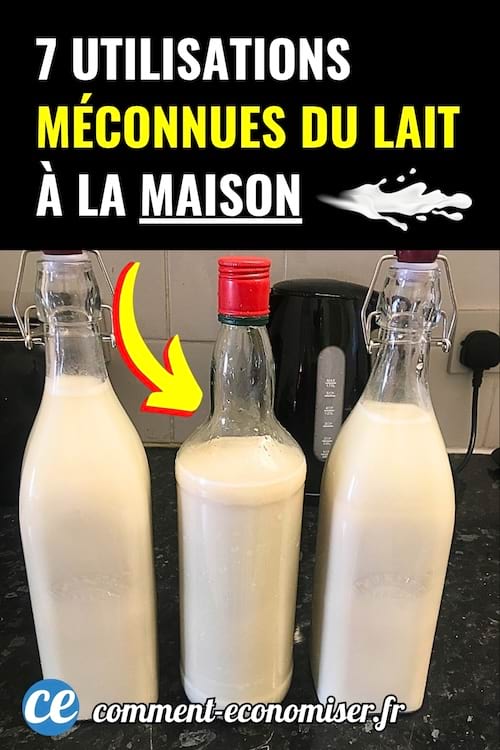 Trois bouteilles remplies de lait posées sur un plan de travail.