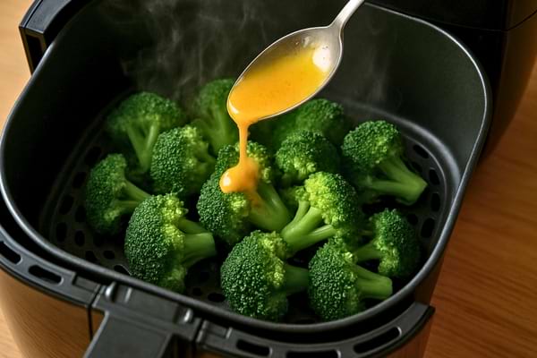 Des brocolis cuisent dans la friteuse à air pendant qu’une sauce est versée dessus à la cuillère.