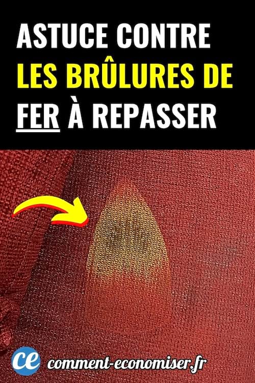 Tissu rouge avec marque de brûlure jaune causée par un fer à repasser et flèche jaune pointant dessus.