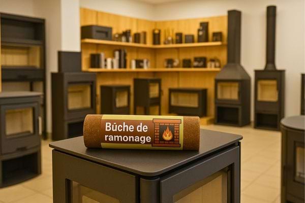 Bûche de ramonage posée sur un poêle dans un magasin d’appareils de chauffage.
