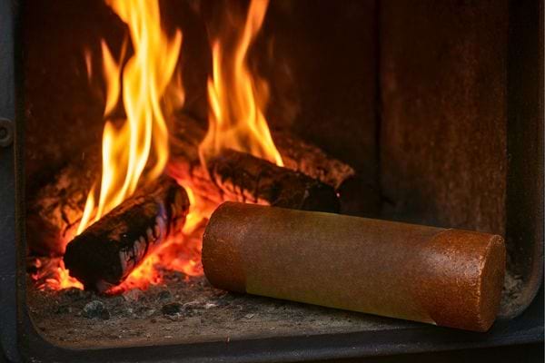 Bûche de ramonage brûlant dans une cheminée avec flammes vives.