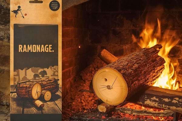 Bûche de ramonage placée dans une cheminée allumée avec emballage visible à gauche.