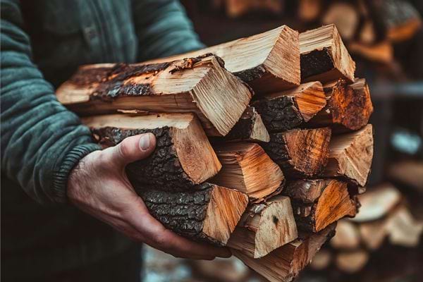 Personne tenant plusieurs bûches de bois fendues prêtes pour le chauffage.