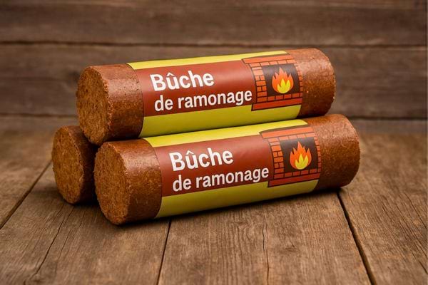 Trois bûches de ramonage alignées sur fond en bois.