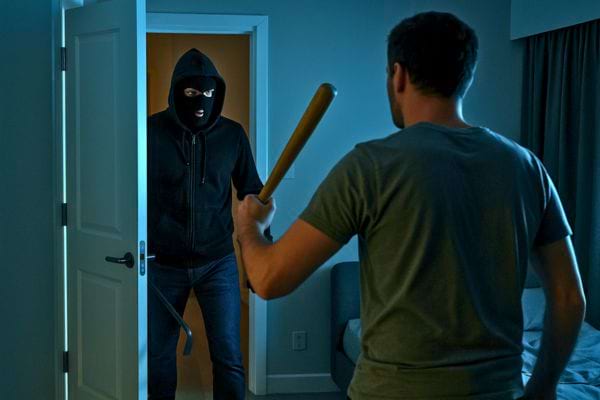 Un cambrioleur masqué entre dans une chambre, un homme le confronte avec une batte.