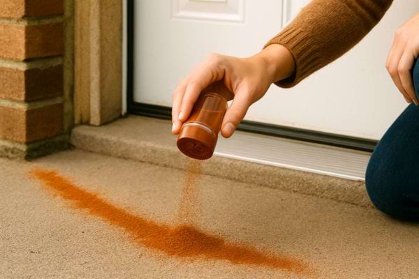 Une personne qui met de la cannelle en poudre devant une maison.