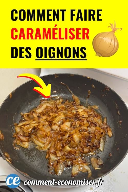 Oignons dores dans une poele noire avec fleche jaune montrant comment les carameliser facilement.