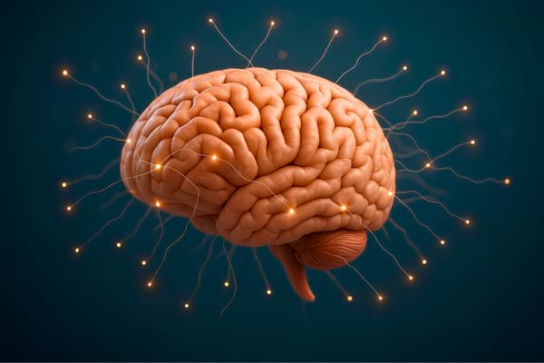 Cerveau humain en 3D entouré de points lumineux symbolisant les connexions neuronales.