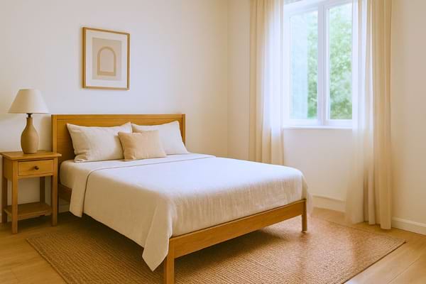 Une chambre épurée et lumineuse avec un lit en bois, des rideaux clairs et une décoration minimaliste.