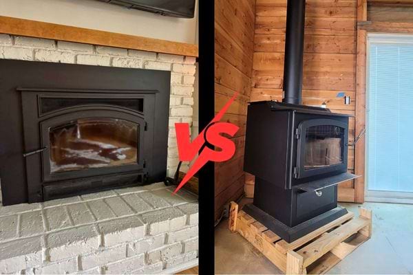Comparaison visuelle entre une cheminée encastrée et un poêle à bois moderne avec un symbole VS rouge.