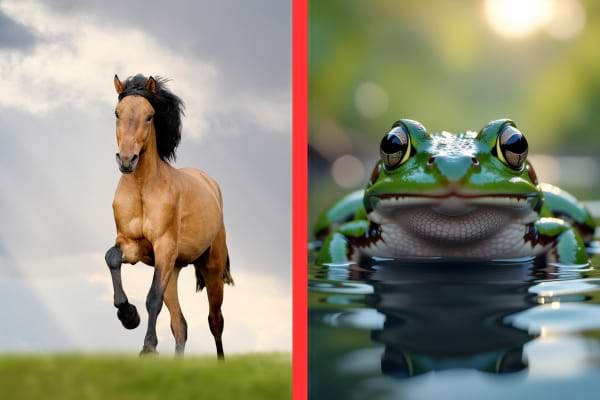 Un cheval court dans un champ pendant qu’une grenouille verte émerge de l’eau.