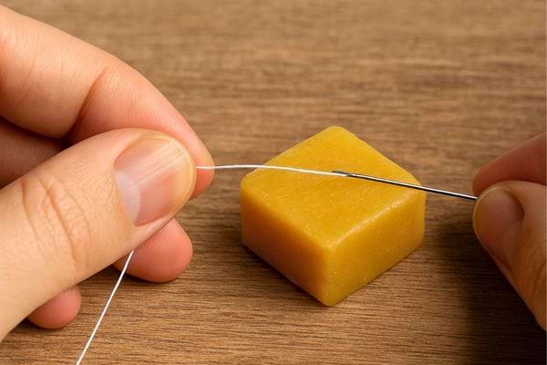 Une main frotte un fil sur un bloc de cire pour faciliter la couture.