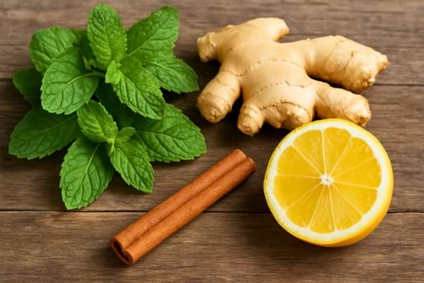 Sur une table en bois, du citron, du gingembre, de la cannelle et de la menthe sont présentés ensemble.