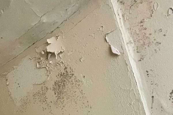 Coin de mur abîmé par l’humidité et la peinture qui s’écaille.