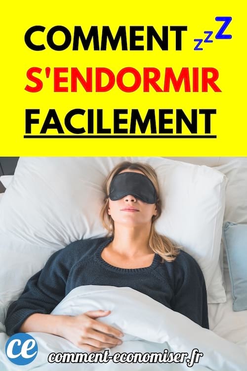 Femme allongée au lit portant un masque de sommeil avec texte sur comment s’endormir facilement.