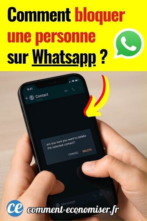 Des mains qui suppriment un contact sur Whatsapp depuis un smartphone