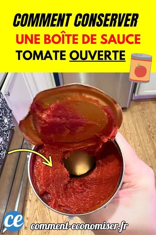 Main tenant une boîte ouverte de sauce tomate.