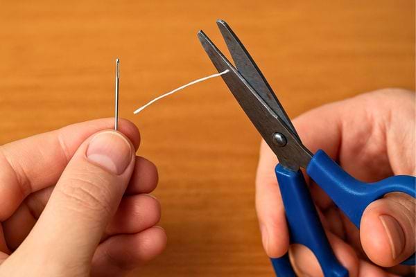 Une paire de ciseaux coupe l’extrémité d’un fil blanc près d’une aiguille.