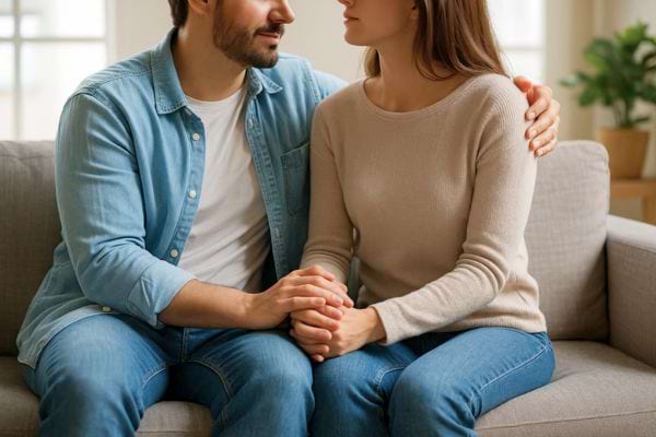 Un couple assis se tient les mains dans une conversation sérieuse.