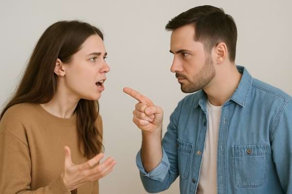 Un homme accuse une femme du doigt pendant qu’elle répond, en colère.