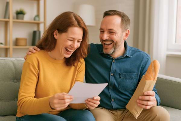 Un couple rit ensemble en regardant une photo sur le canapé.