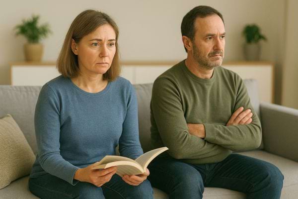 Couple assis côte à côte, femme tient un livre et semble préoccupée.