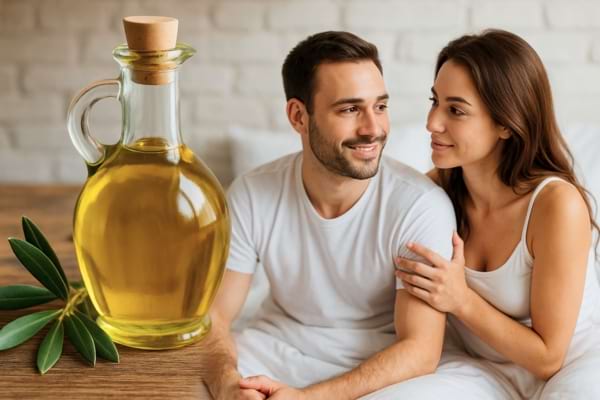 Un couple souriant assis ensemble avec une grande carafe d’huile d’olive.