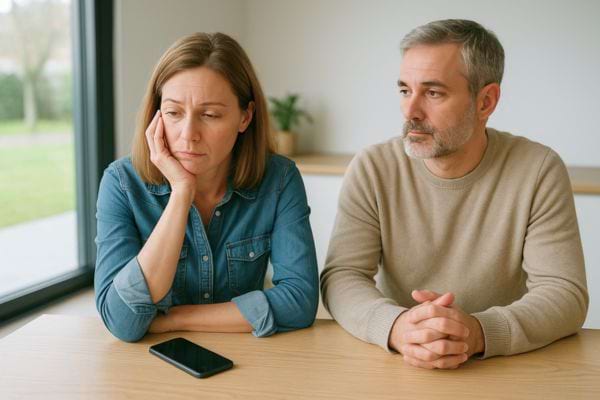 Couple assis à une table, l’air triste et silencieux, un téléphone posé.