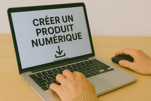 Un ordinateur montre le message « créer un produit numérique » pendant que quelqu’un travaille dessus.