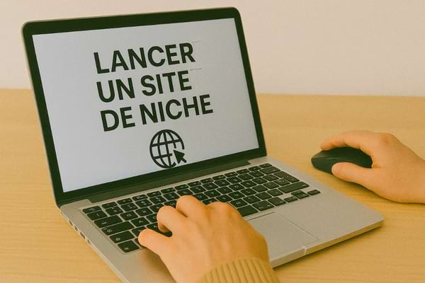 Un ordinateur portable affiche l’inscription « lancer un site de niche » pendant qu’une personne tape sur le clavier.