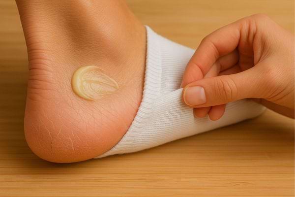 Une main remet une chaussette blanche sur un talon enduit de crème hydratante.