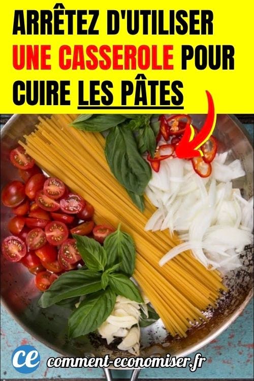Une poêle remplie de pâtes, de basilic frais, de tomates, d'oignons et d'ail